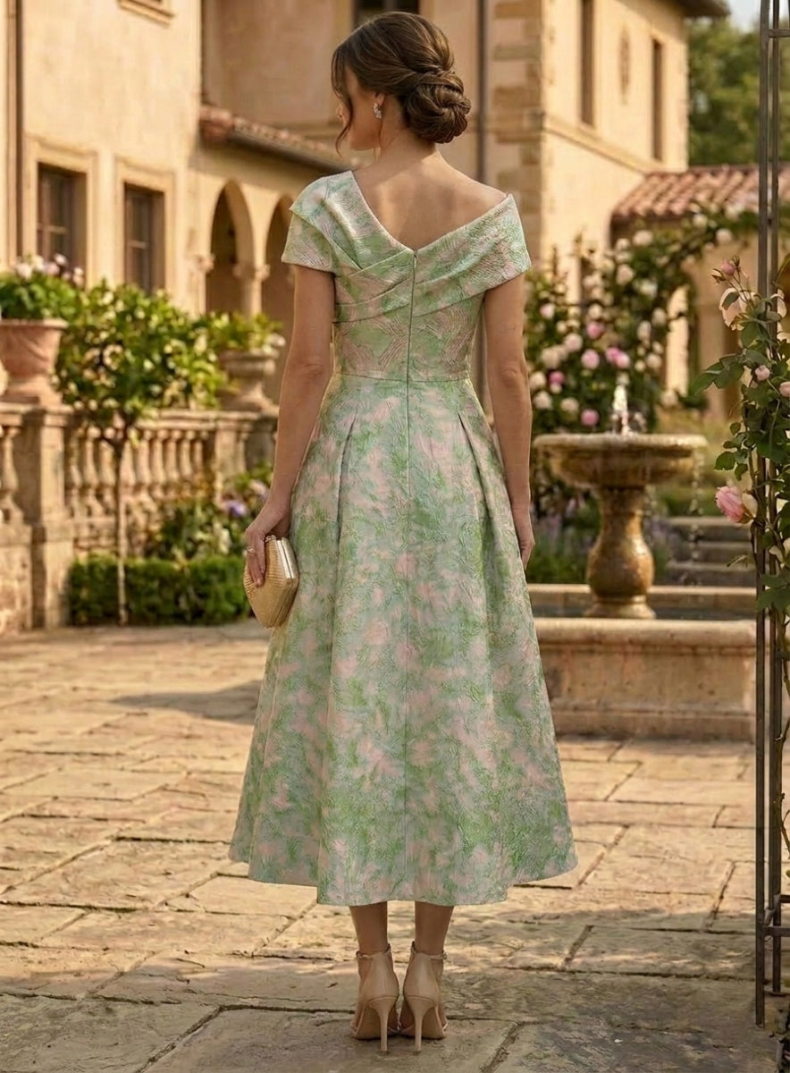 Robe mère de la mariée, Ligne A/Princesse, Col Asymétrique, Jacquard, Manches Courtes, Longueur du Thé, Froncée