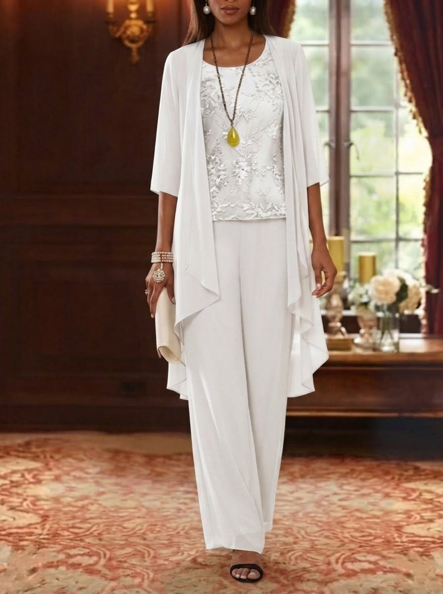 Robe mère de la mariée, Costume-Pantalon, Col Rond, Mousseline, Manches 3/4, Longueur de la Cheville, Dentelle