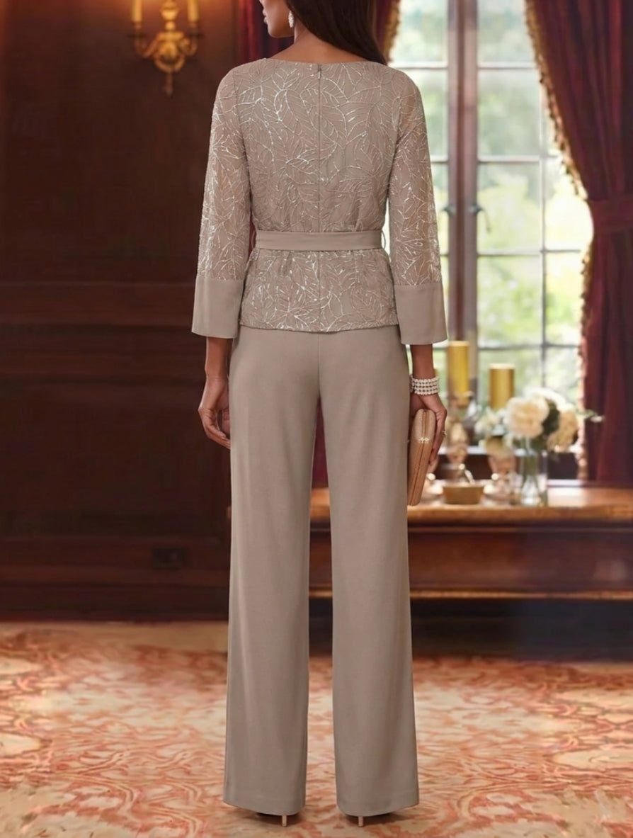 Robe mère de la mariée, Costume-Pantalon, Col Bateau, Mousseline, Manches 3/4, Longueur au Sol, Dentelle Paillettes, avec Ceinture
