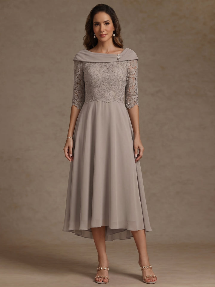 Robe mère de la mariée, Ligne A/Princesse, Col Bateau, Mousseline, Manches Mi-Longues, Longueur du Thé Haut-Bas, Dentelle