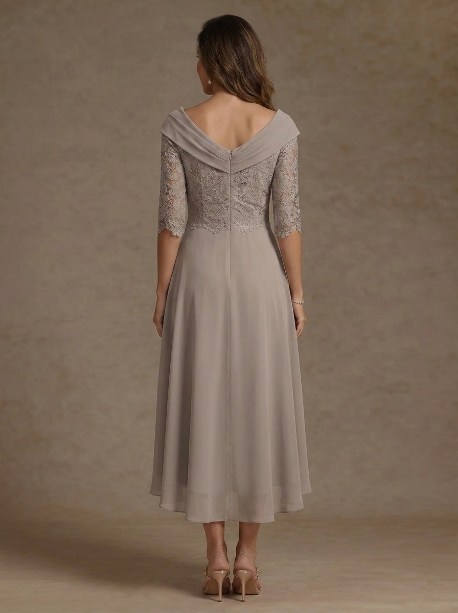 Robe mère de la mariée, Ligne A/Princesse, Col Bateau, Mousseline, Manches Mi-Longues, Longueur du Thé Haut-Bas, Dentelle