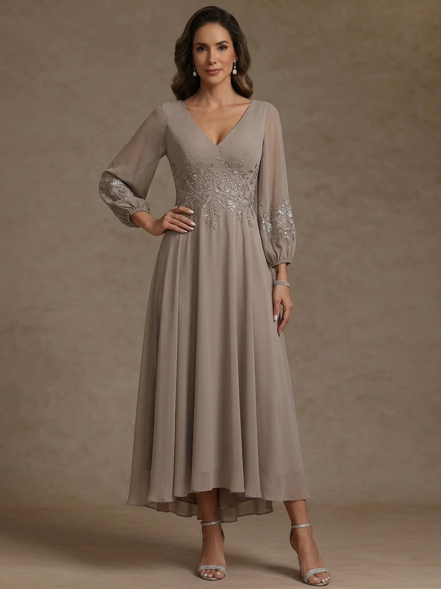 Robe mère de la mariée, Ligne A/Princesse, Col en V, Mousseline, Manches 3/4, Longueur du Thé Asymétrique, Dentelle, Florale