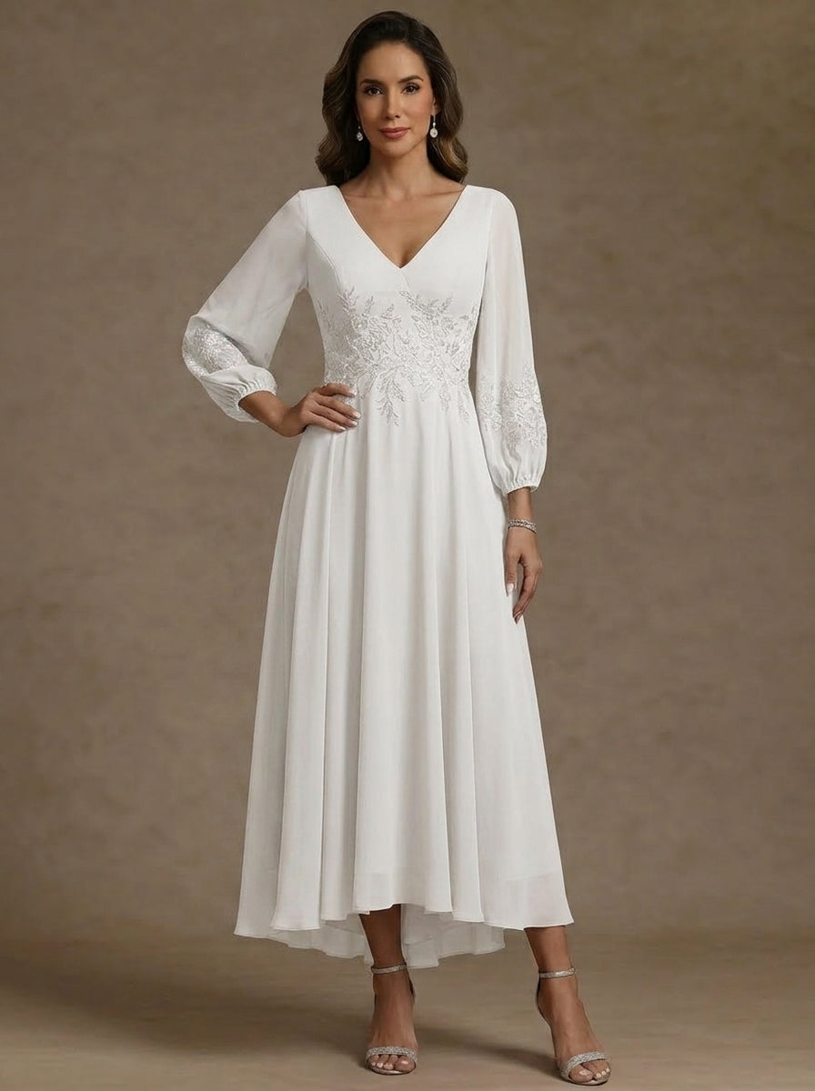 Robe mère de la mariée, Ligne A/Princesse, Col en V, Mousseline, Manches 3/4, Longueur du Thé Asymétrique, Dentelle, Florale