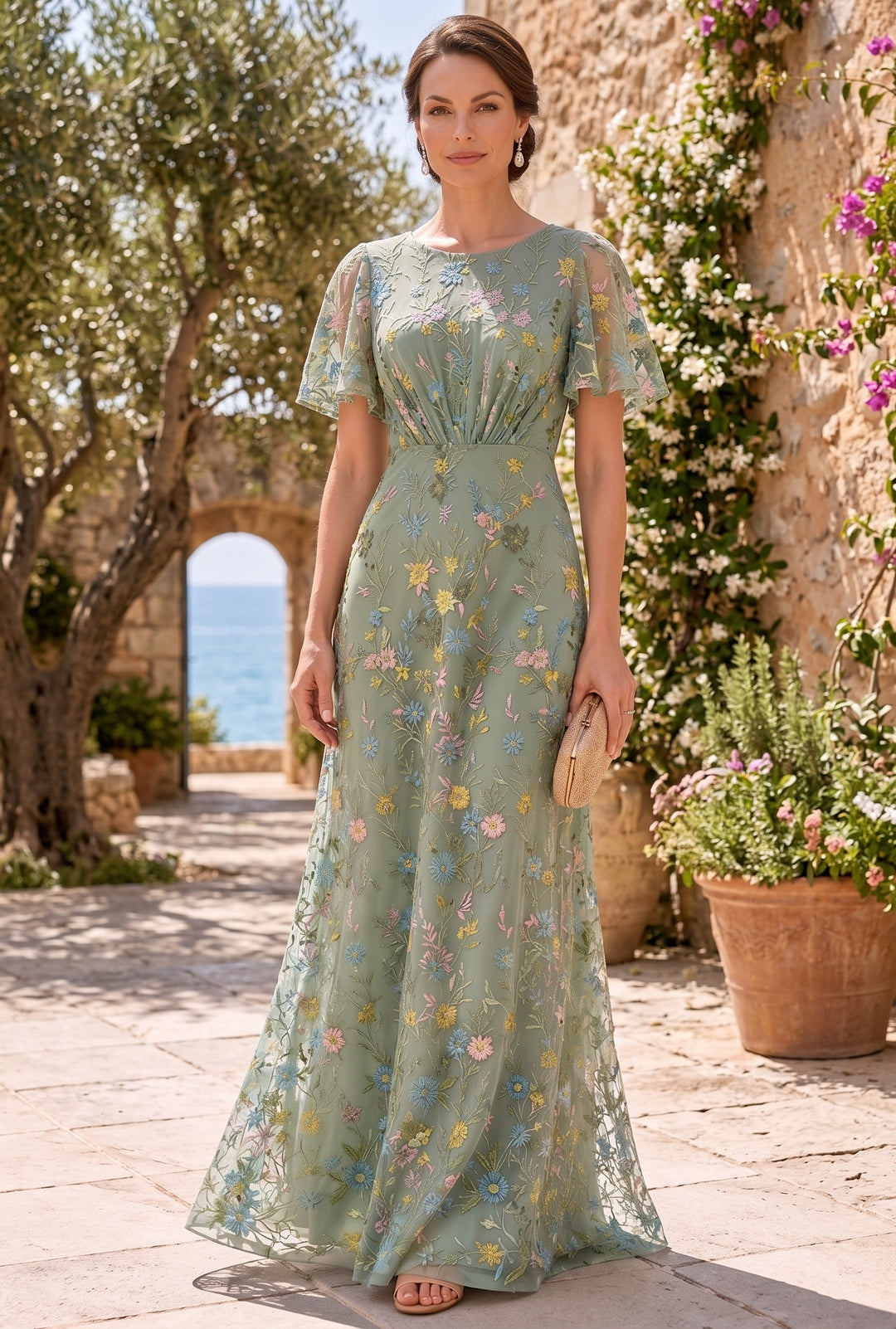 Robe Mère de la Mariée, Ligne A/Princesse, Col Rond, Dentelle, Emboderie, Manches Courtes, Longueur au Sol, Florale