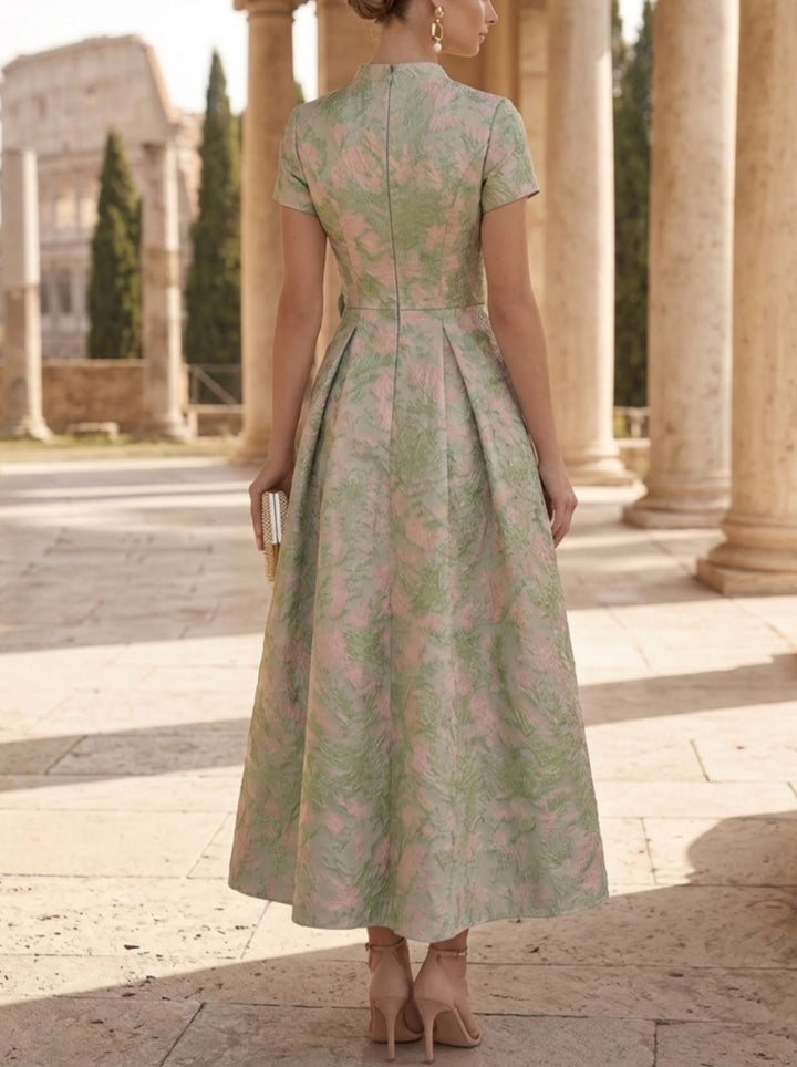 Robe Mère de la Mariée, Ligne A/Princesse, Col en V, Jacquard, Manches Courtes, Longueur de la Cheville, Fleur 3D