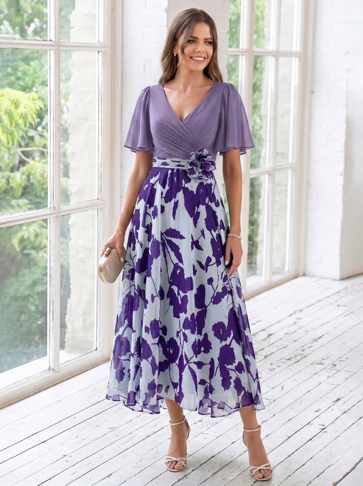 Robe Mère de la Mariée, Ligne A/Princesse, Col en V, Mousseline, Manches Courtes, Longueur du Thé, Florale