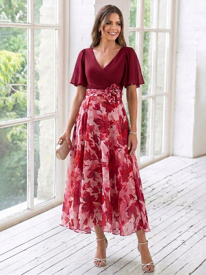 Robe Mère de la Mariée, Ligne A/Princesse, Col en V, Mousseline, Manches Courtes, Longueur du Thé, Florale