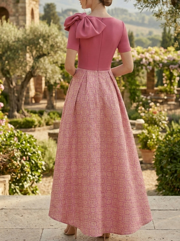 Robe Mère de la Mariée, Ligne A/Princesse, Col Rond, Manches Courtes, Longueur de la Cheville, Nœud Papillon
