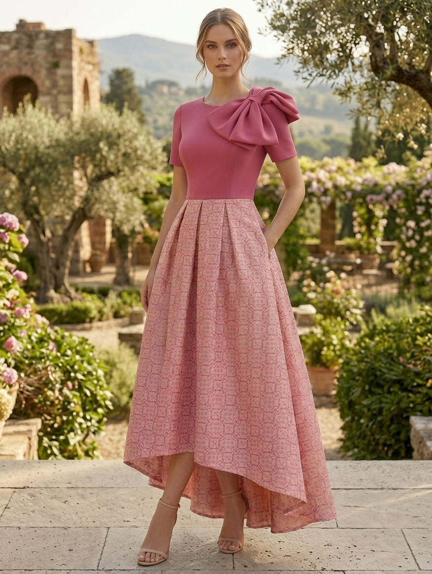 Robe Mère de la Mariée, Ligne A/Princesse, Col Rond, Manches Courtes, Longueur de la Cheville, Nœud Papillon
