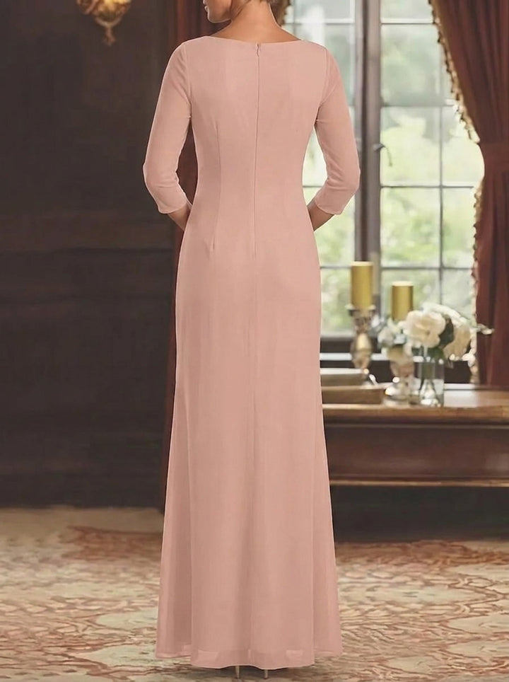 Robe Mère de la Mariée, Gaine/Colonne, Col Carré, Mousseline, Manches 3/4, Longueur au Sol, à Paillettes