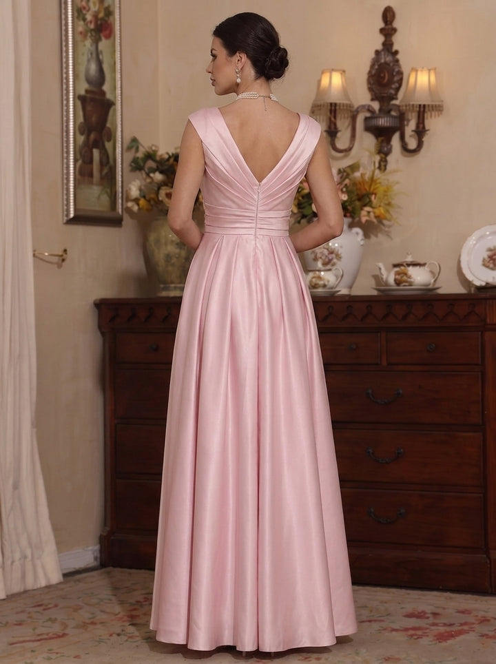 Robe Mère de la Mariée, Ligne A/Princesse, Col en V, Longueur au Sol, Froncée, Sans Manches, Satin