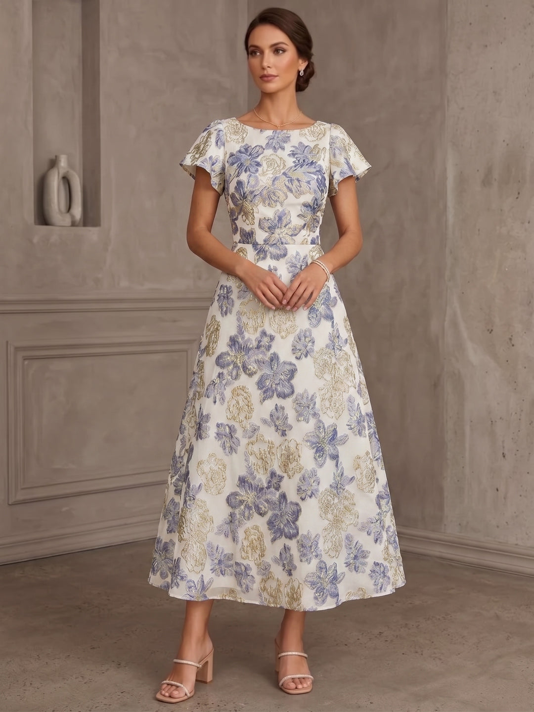 Robe Mère de la Mariée, Jacquard, Col Rond, Manches Courtes, Longueur du Thé, Florale, Volants