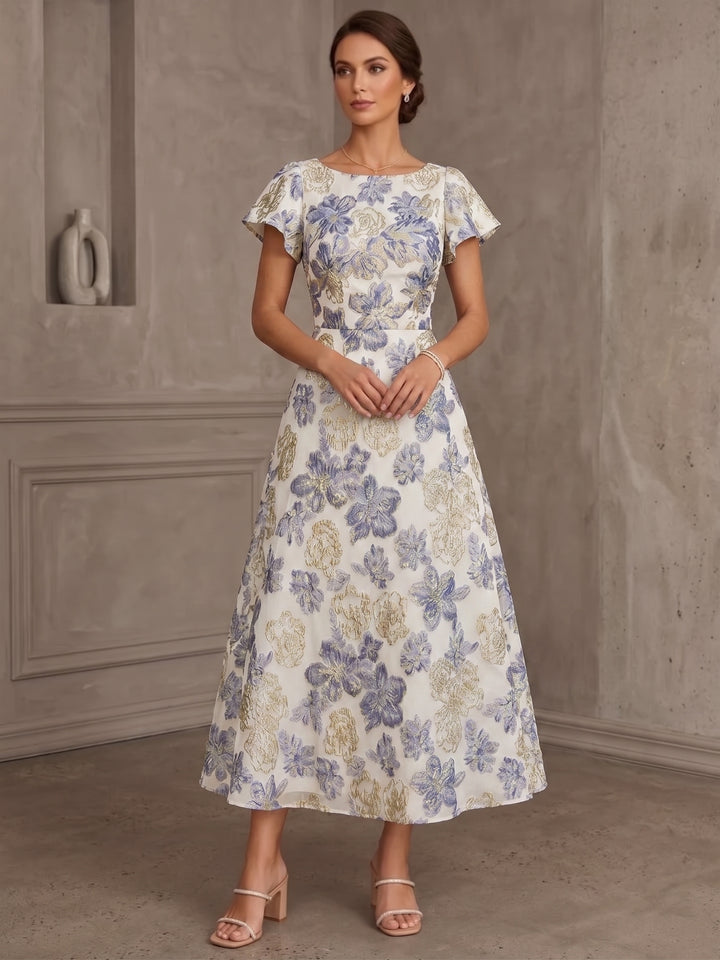 Robe Mère de la Mariée, Jacquard, Col Rond, Manches Courtes, Longueur du Thé, Florale, Volants