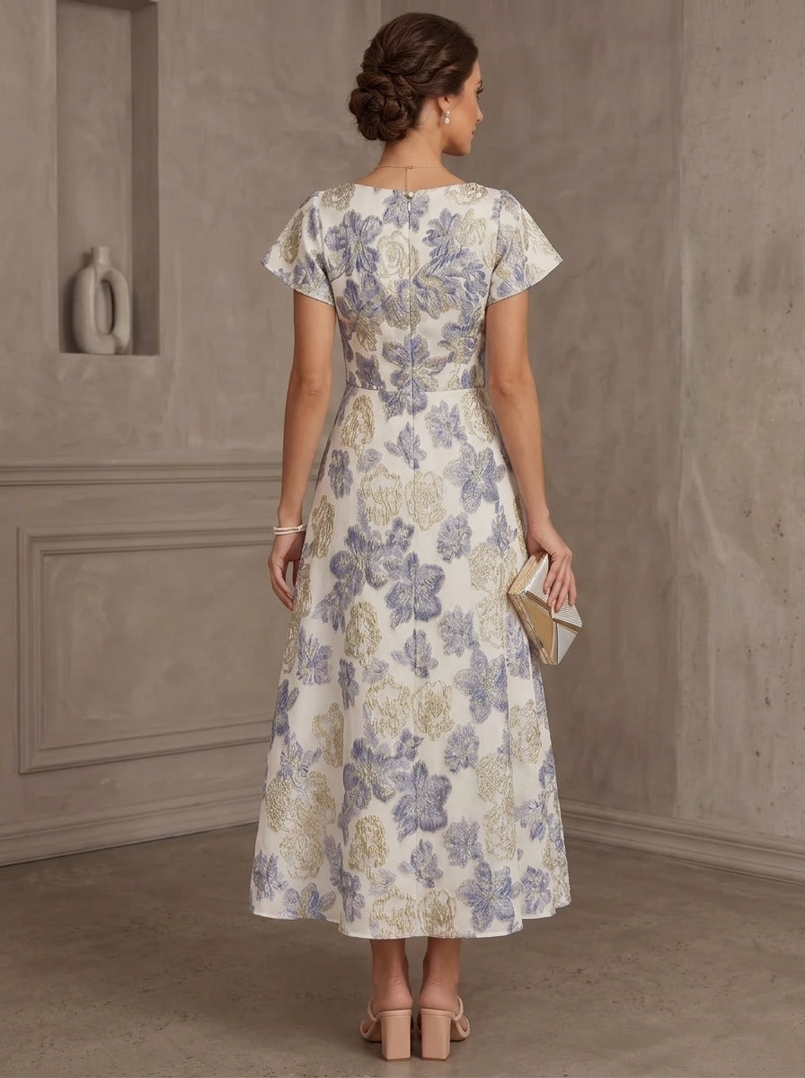 Robe Mère de la Mariée, Jacquard, Col Rond, Manches Courtes, Longueur du Thé, Florale, Volants