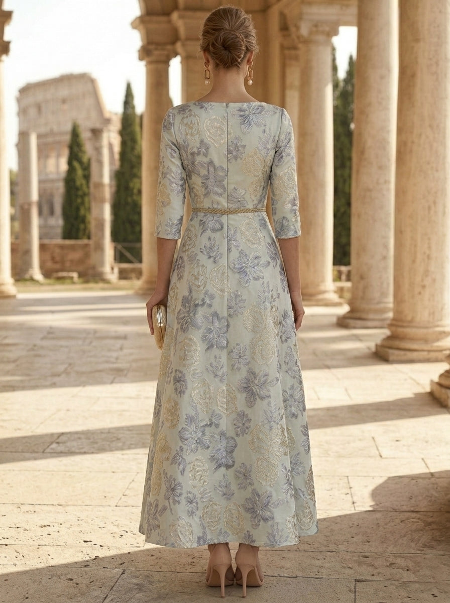 Robe Mère de la Mariée, Ligne A/Princesse, Jacquard, Col en V, Manches 3/4, Longueur du Thé, Florale, avec Ceinture