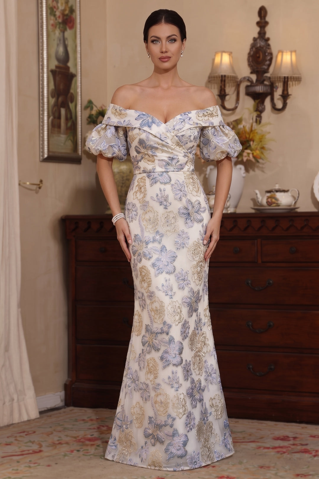 Robe Mère de la Mariée, Trompette/Sirène, Hors de l'épaule, Longueur au Sol, Florale, Manches Bouffantes
