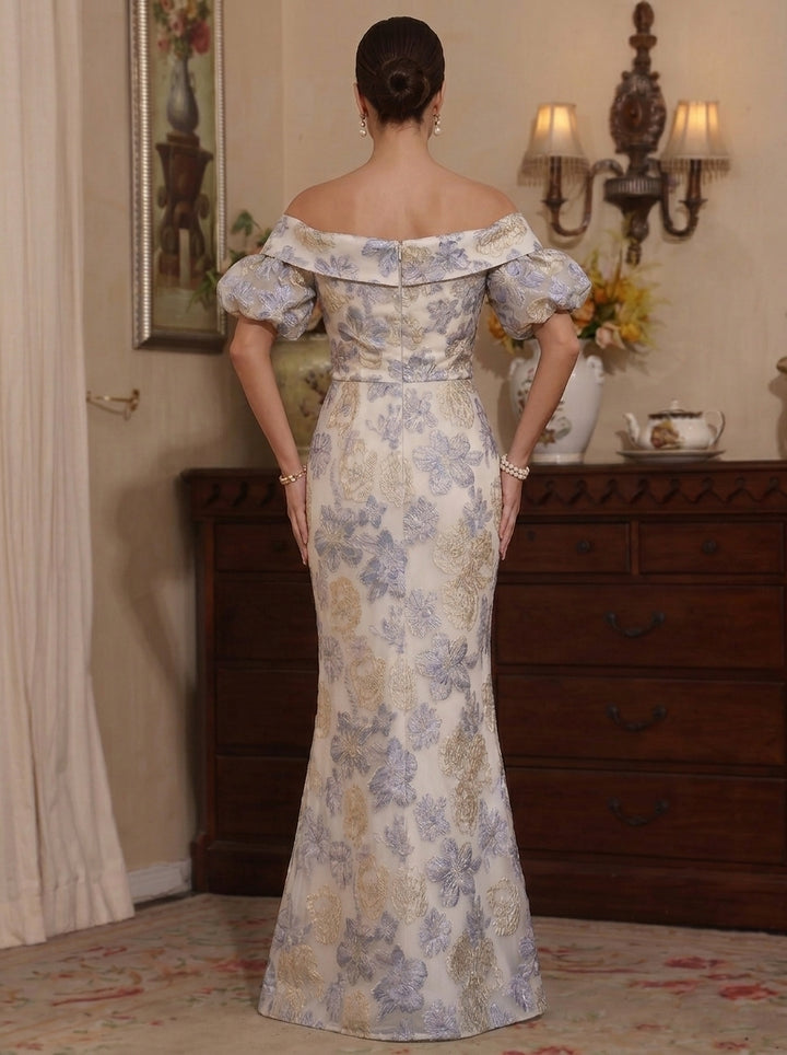 Robe Mère de la Mariée, Trompette/Sirène, Hors de l'épaule, Longueur au Sol, Florale, Manches Bouffantes