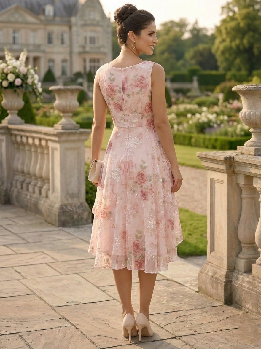 Robe Mère de la Mariée, 2 Pièces, Ligne A/Princesse, Mousseline, Col Rond, Manches Mi-Longues, Longueur du Thé, Florale