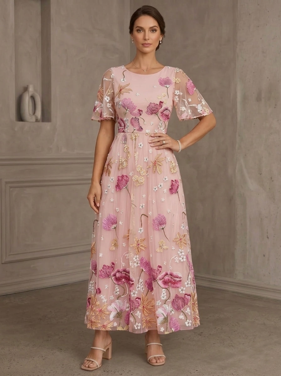 Robe Mère de la Mariée, Ligne A/Princesse, Broderie en Dentelle, Col Rond, Manches Courtes, Longueur de la Cheville, Florale