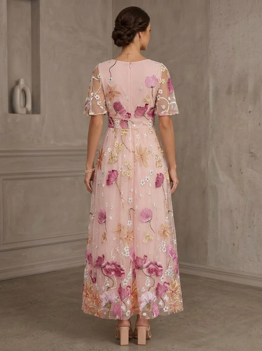 Robe Mère de la Mariée, Ligne A/Princesse, Broderie en Dentelle, Col Rond, Manches Courtes, Longueur de la Cheville, Florale