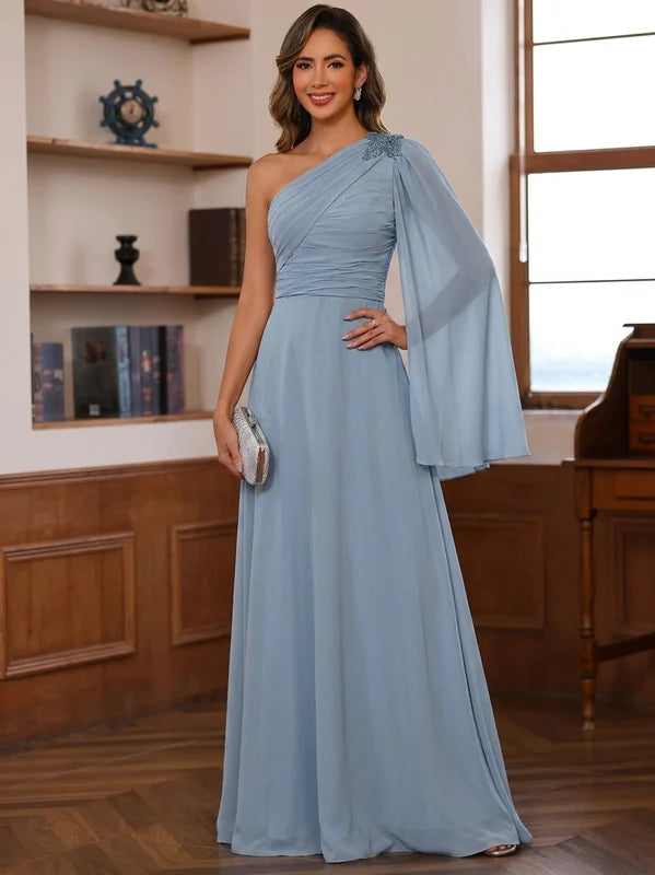 Robe Mère de la Mariée, Ligne A/Princesse, Mousseline, Une Épaule Nue, Manches Cape, Longueur au Sol, Froncée