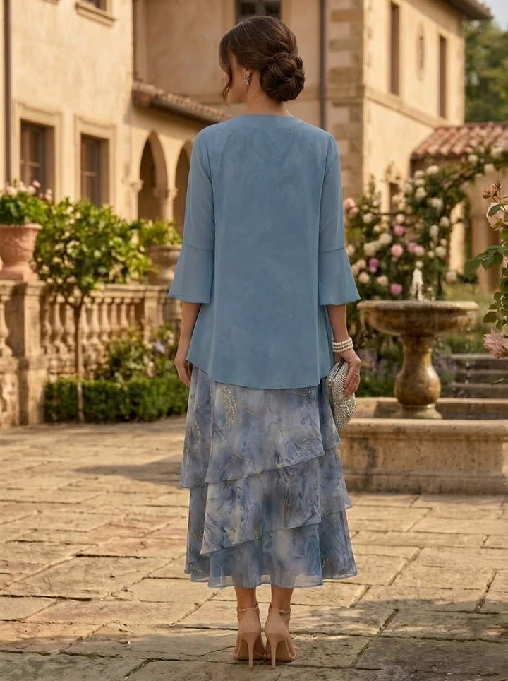 Robe Mère de la Mariée, 2 Pièces, Ligne A/Princesse, Mousseline, Col Rond, Manches 3/4, Longueur du Thé, Florale