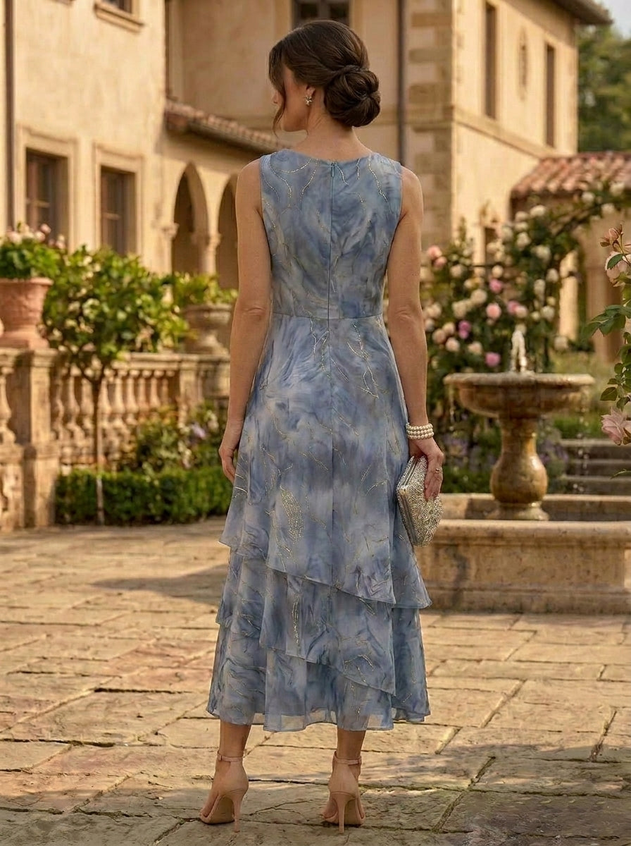 Robe Mère de la Mariée, 2 Pièces, Ligne A/Princesse, Mousseline, Col Rond, Manches 3/4, Longueur du Thé, Florale