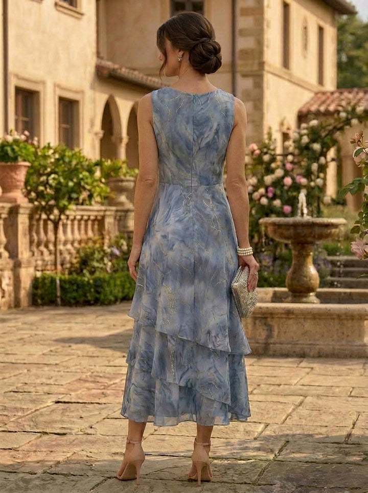 Robe Mère de la Mariée, 2 Pièces, Ligne A/Princesse, Mousseline, Col Rond, Manches 3/4, Longueur du Thé, Florale