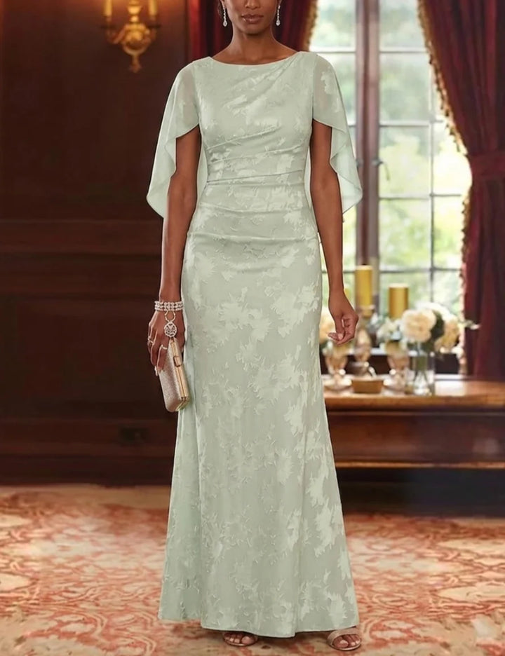 Robe Mère de la Mariée, Gaine/Colonne, Mousseline Florale, Col Rond, Manches Cape, Longueur au Sol, Florale