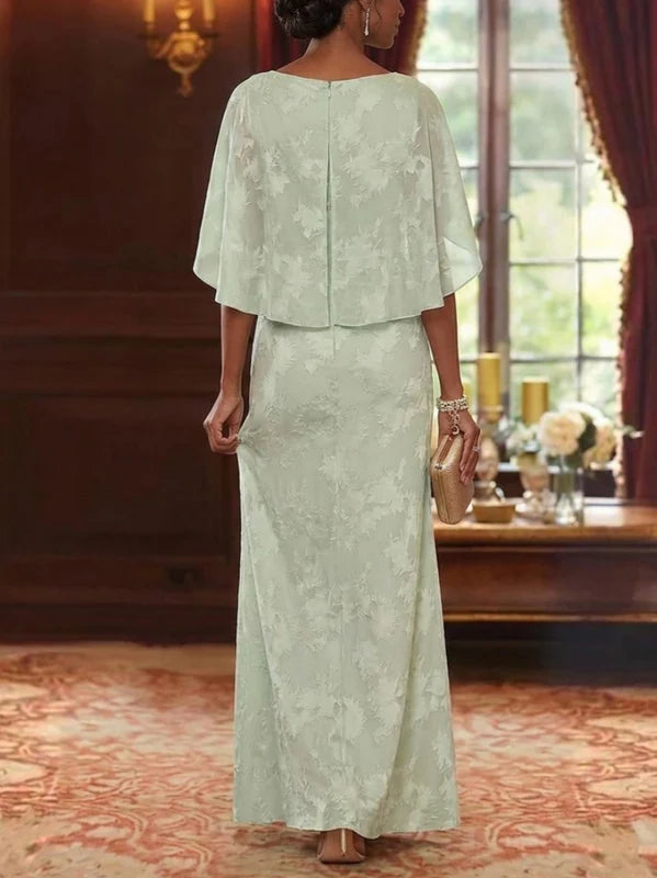Robe Mère de la Mariée, Gaine/Colonne, Mousseline Florale, Col Rond, Manches Cape, Longueur au Sol, Florale