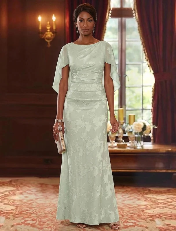 Robe Mère de la Mariée, Gaine/Colonne, Mousseline Florale, Col Rond, Manches Cape, Longueur au Sol, Florale