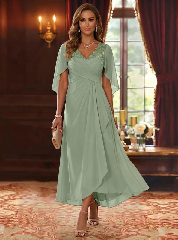 Robe Mère de la Mariée, Ligne A/Princesse, Mousseline, Col en V, Manches Cape, Longueur du Thé, Froncée
