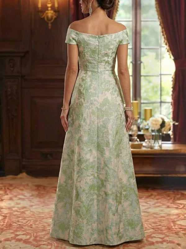 Robe Mère de la Mariée, Ligne A/Princesse, Jacquard, Hors de l'épaule, Sans Manches, Longueur au Sol, à Volants