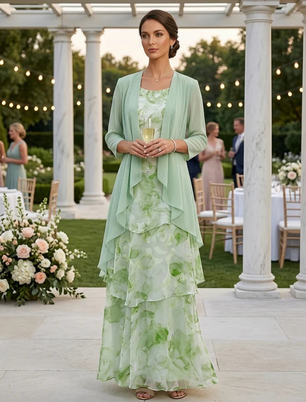 Robe Mère de la Mariée, Ligne A/Princesse, Mousseline, Col Rond, Manches 3/4, Longueur de la Cheville, Florale à Volants