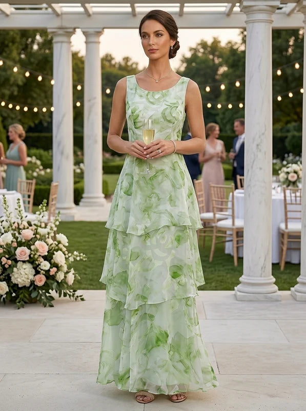 Robe Mère de la Mariée, Ligne A/Princesse, Mousseline, Col Rond, Manches 3/4, Longueur de la Cheville, Florale à Volants