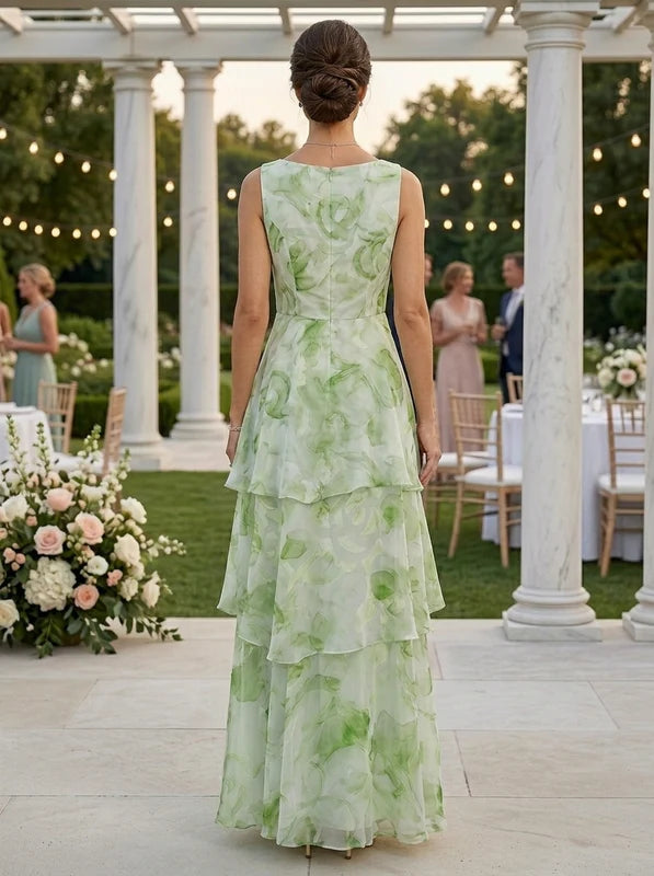 Robe Mère de la Mariée, Ligne A/Princesse, Mousseline, Col Rond, Manches 3/4, Longueur de la Cheville, Florale à Volants