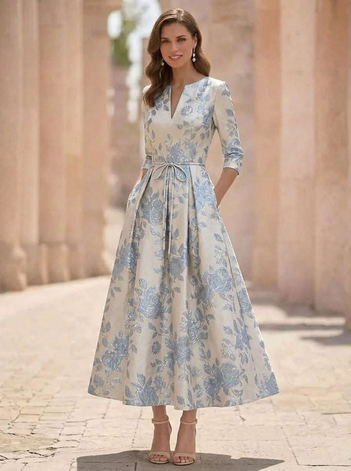 Robe Mère de la Mariée,Ligne A/Princesse, Jacquard, Col en V, Manches 3/4, Longueur du Thé, Florale