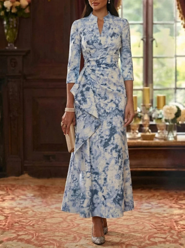 Robe Mère de la Mariée, Gaine/Colonne, Jacquard, Col en V, Manches 3/4, Longueur de la Cheville, à Volants