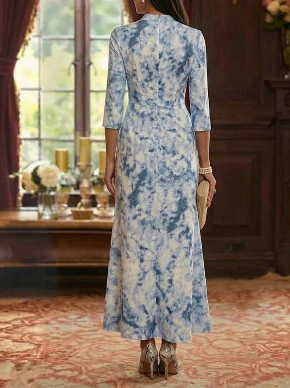 Robe Mère de la Mariée, Gaine/Colonne, Jacquard, Col en V, Manches 3/4, Longueur de la Cheville, à Volants