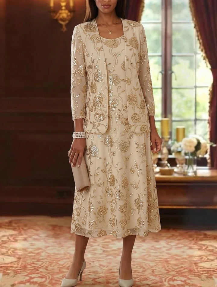 Robe Mère de la Mariée 2 Pièces, Ligne A/Princesse, Mousseline à Paillettes, Col Rond, Manches 3/4, Longueur du Thé, Florale