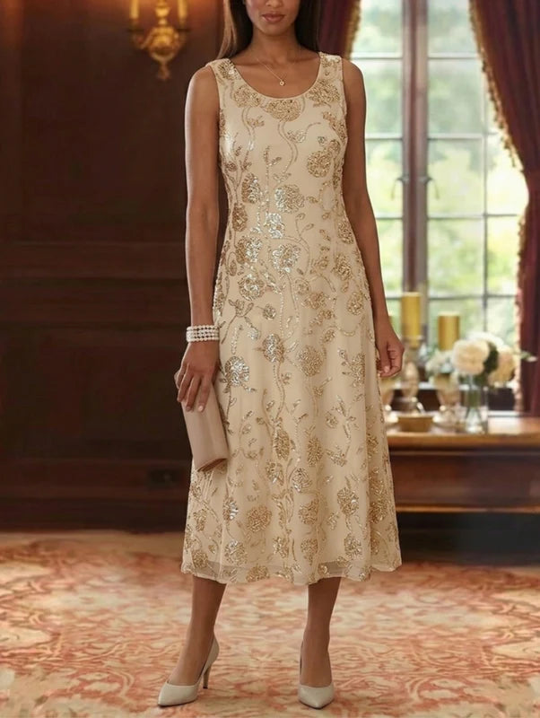 Robe Mère de la Mariée 2 Pièces, Ligne A/Princesse, Mousseline à Paillettes, Col Rond, Manches 3/4, Longueur du Thé, Florale