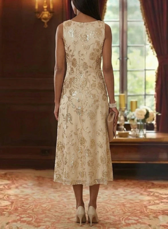 Robe Mère de la Mariée 2 Pièces, Ligne A/Princesse, Mousseline à Paillettes, Col Rond, Manches 3/4, Longueur du Thé, Florale