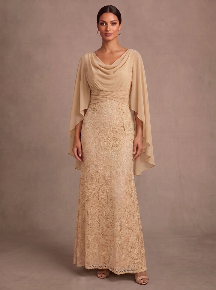 Robe Mère de la Mariée, Gaine/Colonne, Mousseline, Col Échancré Drapé, Manches Cape, Longueur du la Cheville, Froncée en Dentelle