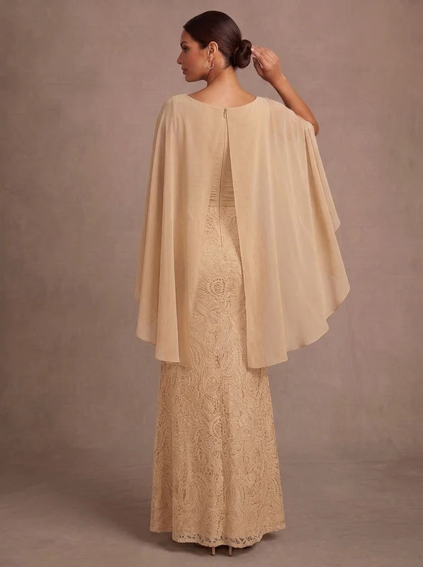 Robe Mère de la Mariée, Gaine/Colonne, Mousseline, Col Échancré Drapé, Manches Cape, Longueur du la Cheville, Froncée en Dentelle
