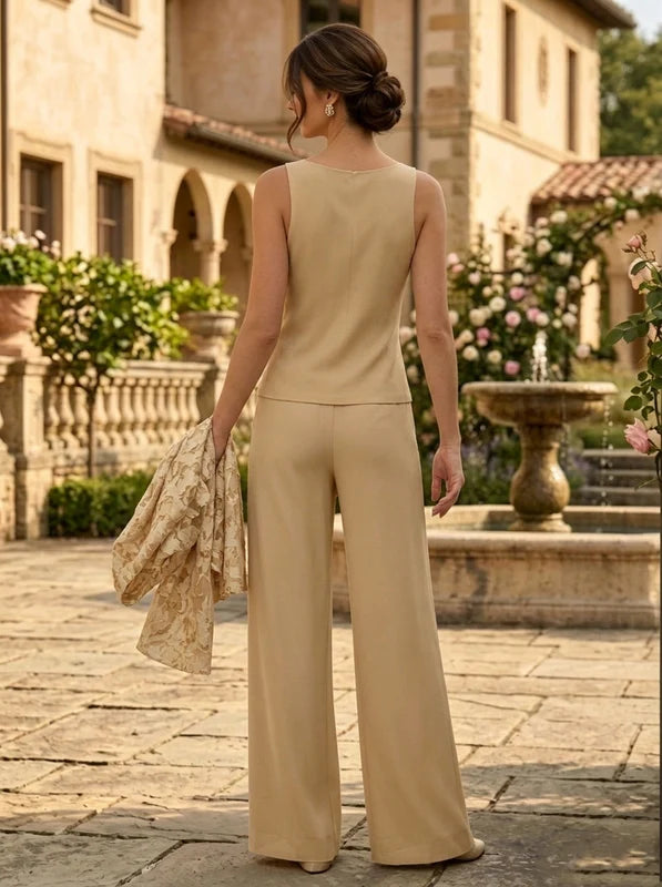 Robe Mère de la Mariée, 3 Pièces, Tailleur-Pantalon, Mousseline en Dentelle, Col Rond, Manches 3/4, Longueur au Sol, Florale