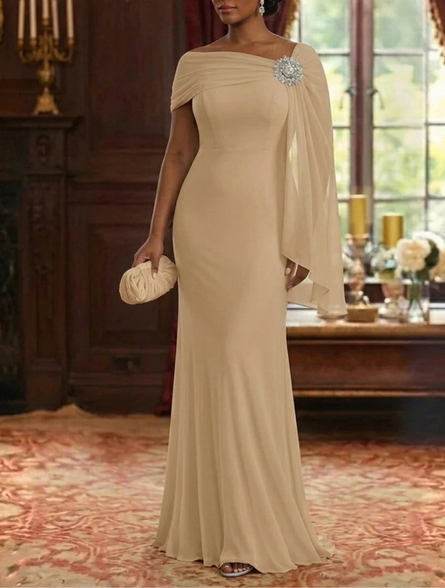 Robe Mère de la Mariée, Gaine/Colonne, Mousseline, Col Asymétrique, Manches Cape, Longueur au Sol, Froncée