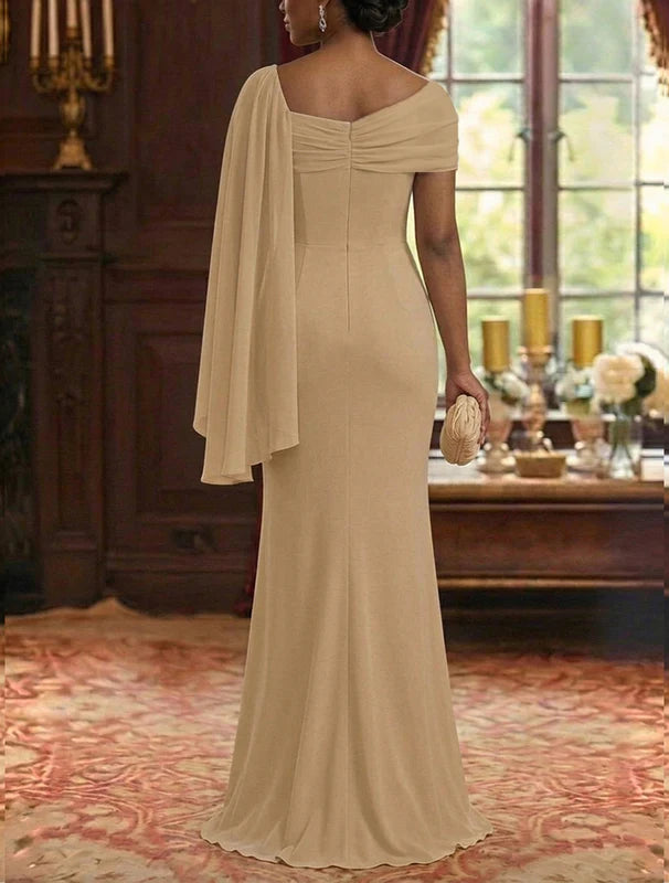 Robe Mère de la Mariée, Gaine/Colonne, Mousseline, Col Asymétrique, Manches Cape, Longueur au Sol, Froncée