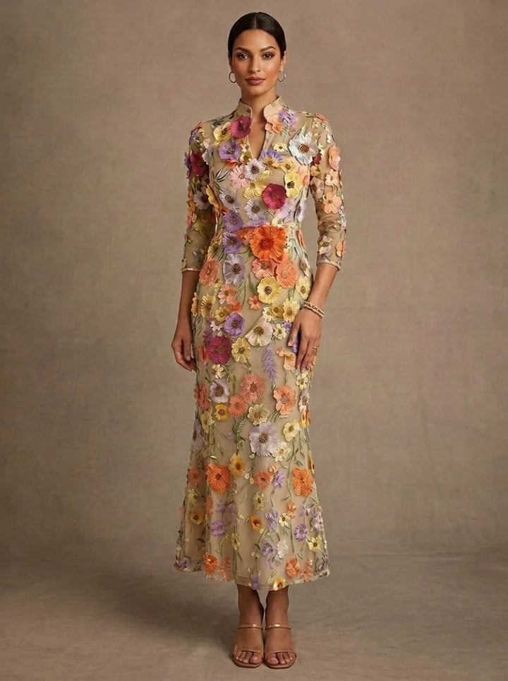 Robe Mère de la Mariée, Broderie en Dentelle, Gaine/Colonne, Col en V, Manches 3/4, Longueur du Thé, Florale
