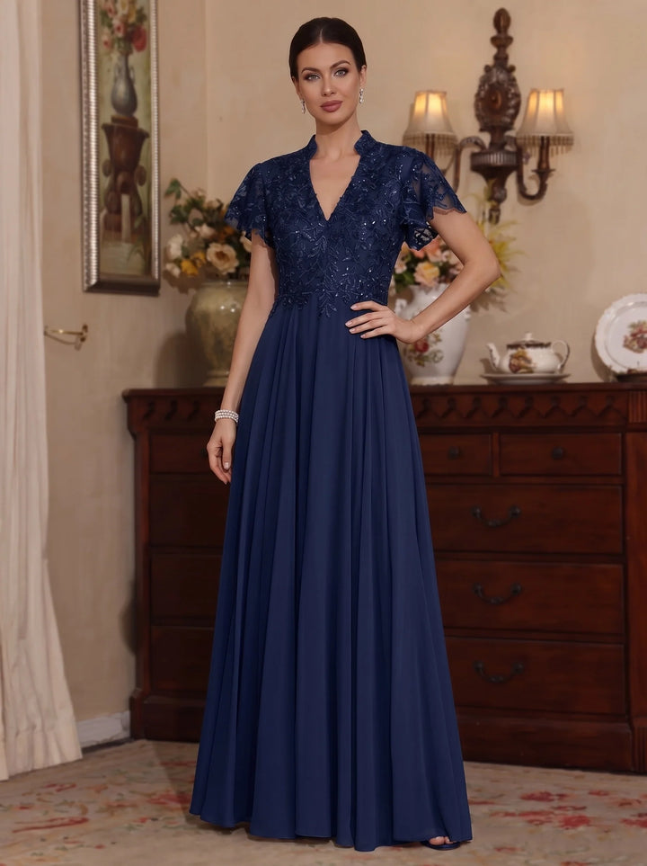Robe Mère de la Mariée,Ligne A/Princesse, Mousseline, Col en V, Manches Courtes, Longueur au Sol, en Dentelle à Pailettes