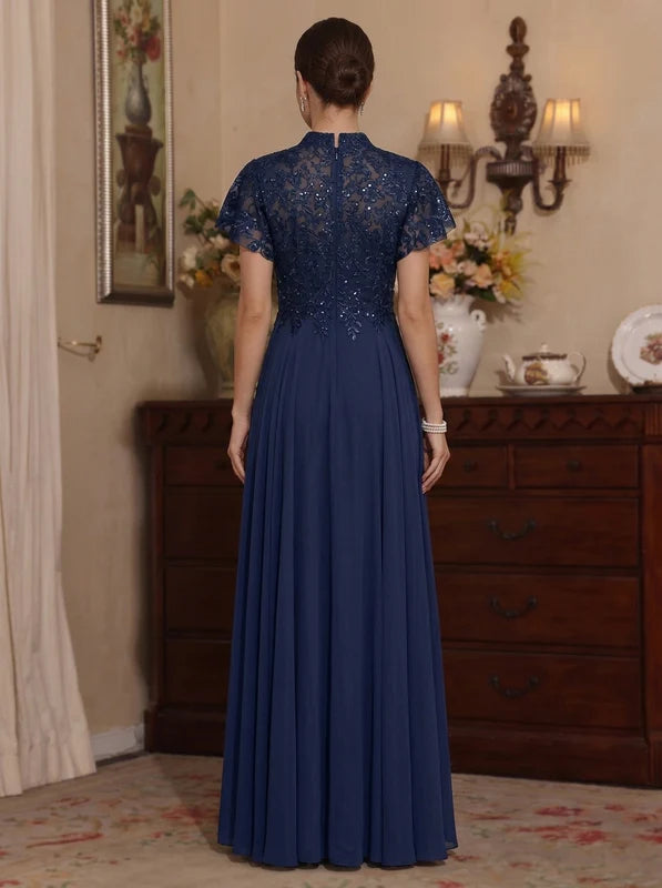 Robe Mère de la Mariée,Ligne A/Princesse, Mousseline, Col en V, Manches Courtes, Longueur au Sol, en Dentelle à Pailettes